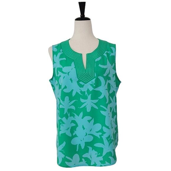 Liz Claiborne Green & Blue Floral Split V-neck Sleeveless Blouse Size M - Picture 1 of 6